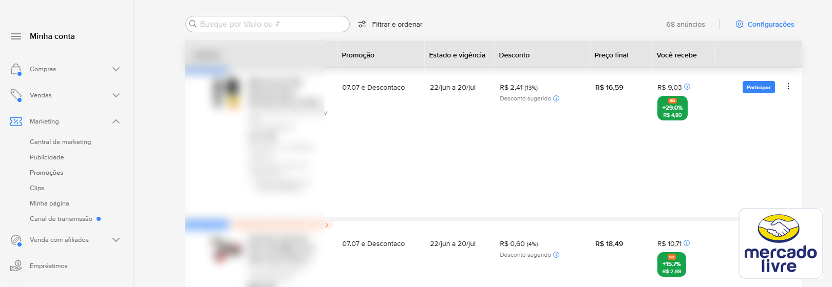 Central de Promoções do Mercado Livre com margem calculada pelo StokDok